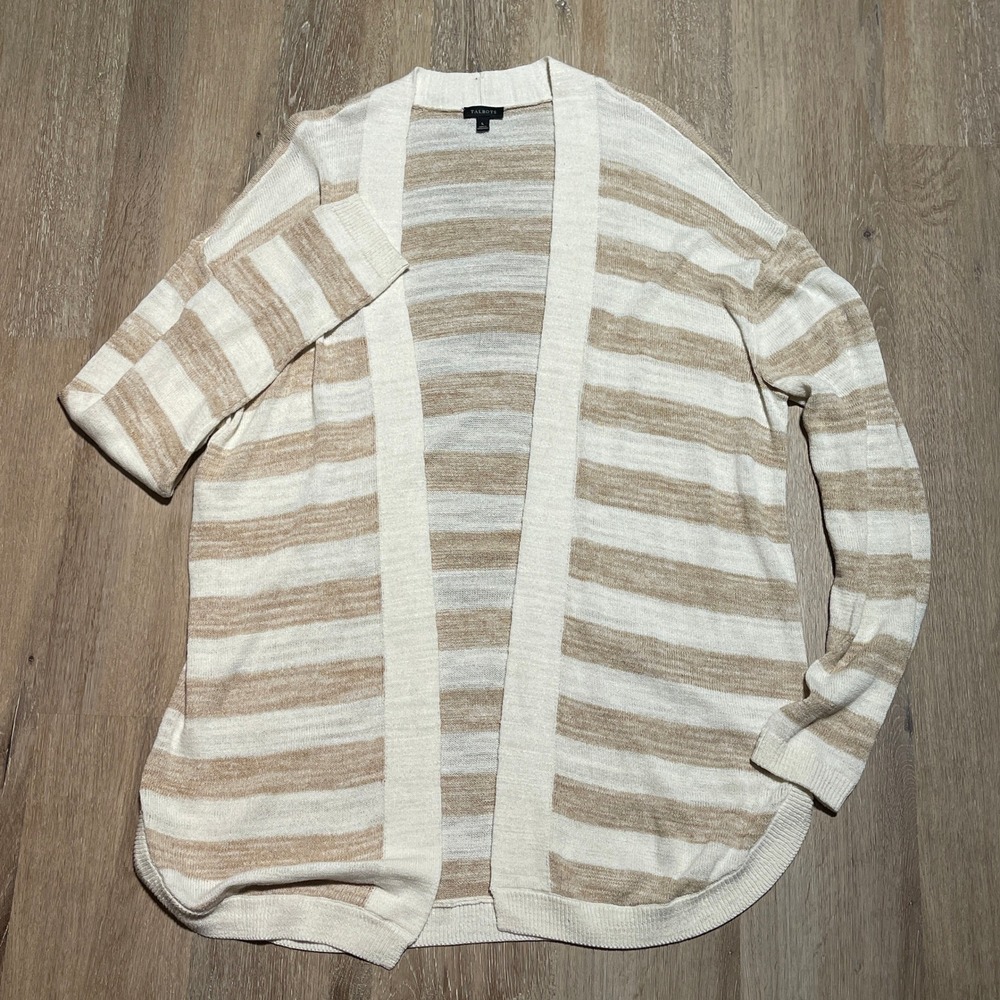 Talbots Women's Striped Open Front‎ Cardigan Sweater - Size L Cream Beige EUC